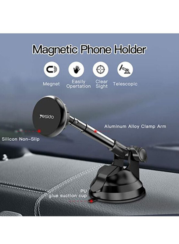 

N/a Yesido Magnetic Car Phone Mount Holder with 6 Powerful Magnets Adjustable Telescopic Arm Dashboard, SQA-155, Black