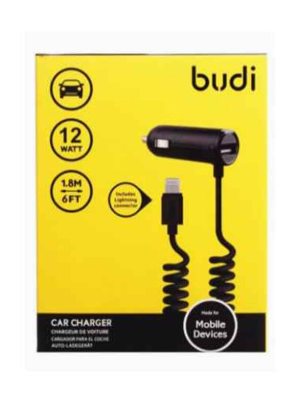 

Budi USB Car Charger With Coiled Lightning Cable, Black