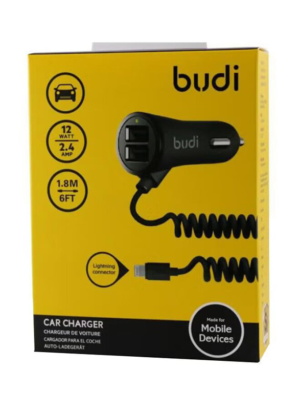 

Budi Dual USB Port Car Charger with Coiled Lightning Cable, Black