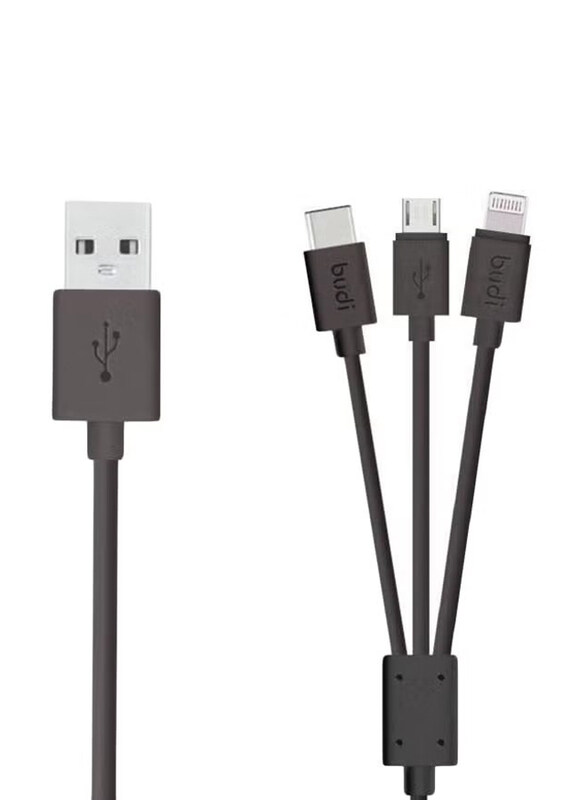 

Budi 1.4-Meters 3-in-1 Multiple Types Data Sync Charging Cable, USB Type A to Multiple Types for Smartphones/Tablets, Black/Silver