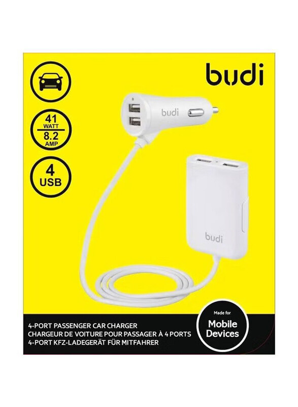 

Budi Fast Charging Passenger Car Charger with 4 USB Port, White