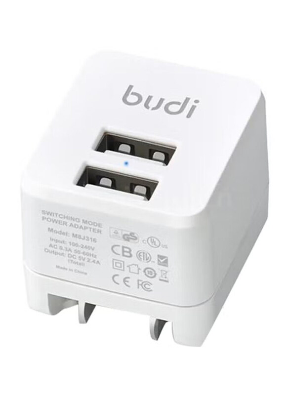 

Budi 2 Usb Ports Global Travel Charger, White
