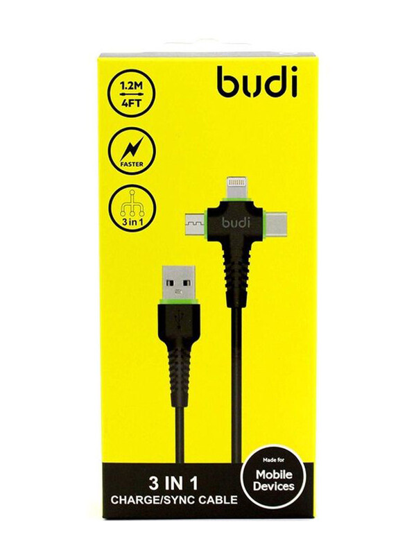 

Budi 1.3-Meters 3-in-1 Multiple Types Fast Charging and Data Transfer Cable, USB Type A to Multiple Types for Smartphones/Tablets, Black