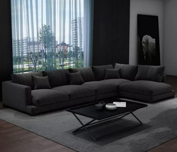 Nordic Style Fabric L-Shape Modern Living Room Sofa Set, Black