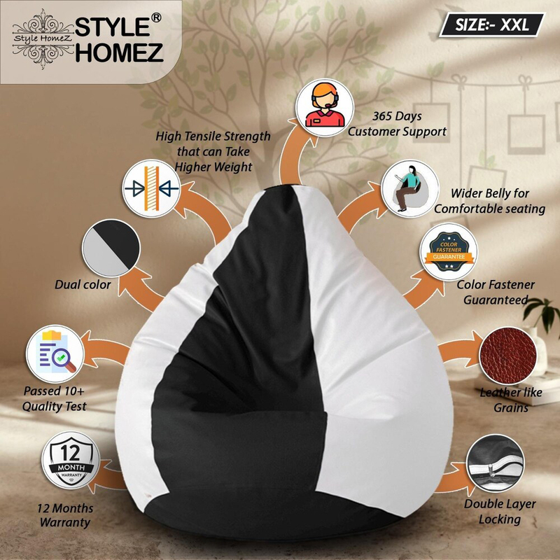 Premium Leatherette Classic  Dual Color Filled With Beans Fillers Mm Tex Faux Leather Bean Bag, XX-Large, Black/White