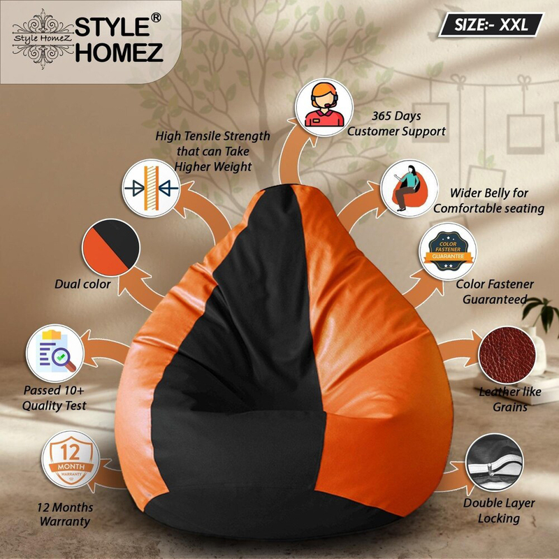 Premium Leatherette Classic  Dual Color Filled With Beans Fillers Mm Tex Faux Leather Bean Bag, XX-Large, Black/Orange