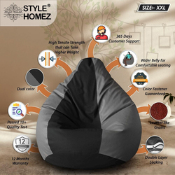 Premium Leatherette Classic  Dual Color Filled With Beans Fillers Mm Tex Faux Leather Bean Bag, XX-Large, Black/Grey