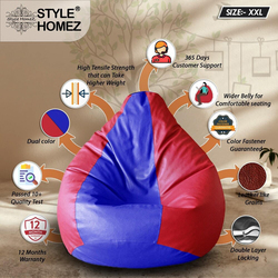 Premium Leatherette Classic  Dual Color Filled With Beans Fillers Mm Tex Faux Leather Bean Bag, XX-Large, Red/Blue