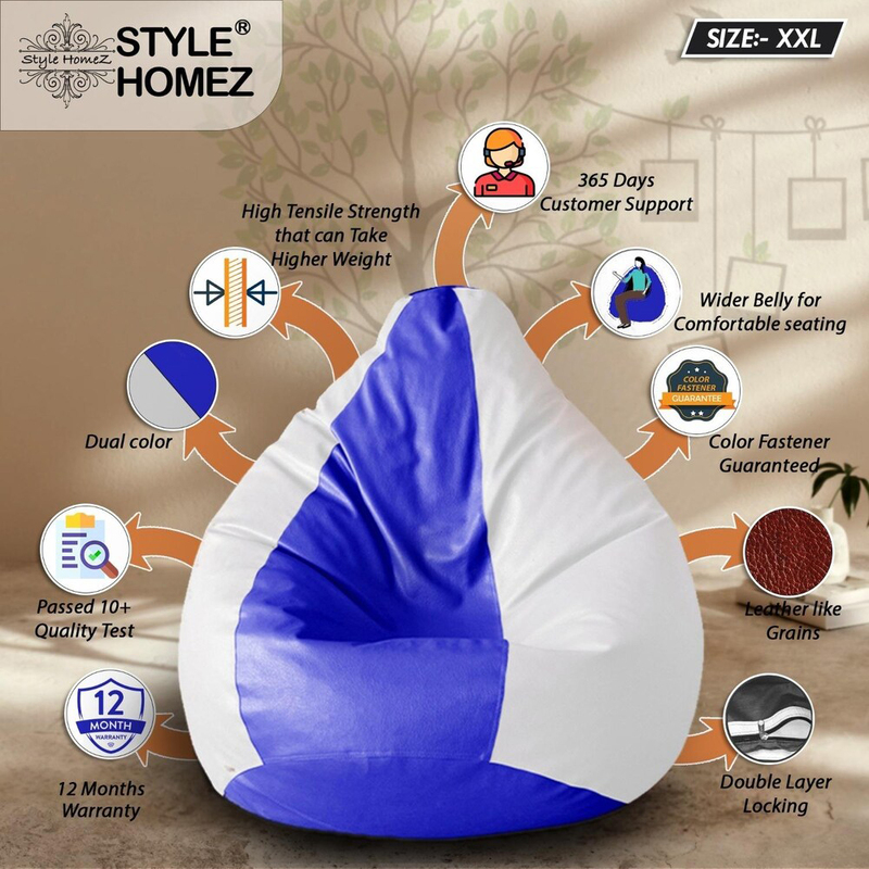Premium Leatherette Classic  Dual Color Filled With Beans Fillers Mm Tex Faux Leather Bean Bag, XX-Large, White/Blue