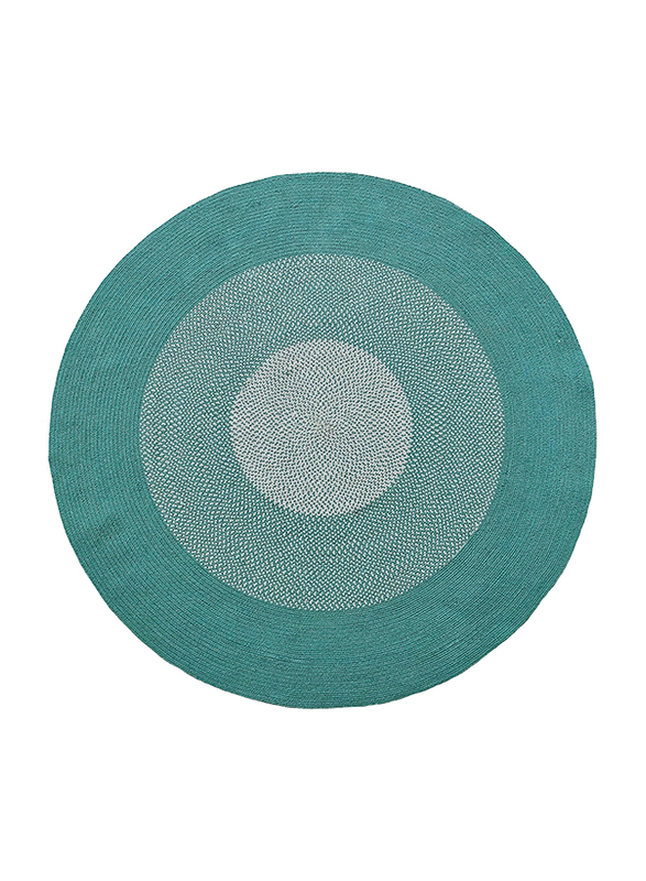 Ramsha Handmade Natural Jute And Cotton Round  Braided Kitchen Rug Mat, 150cm, Br-002, Turquoise/White
