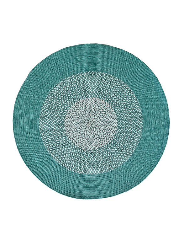 Ramsha Handmade Natural Jute And Cotton Round  Braided Kitchen Rug Mat, 120cm, Br-002, Turquoise/White