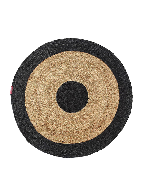 Ramsha Handmade Handwoven Natural Jute Round Braided Kitchen Rug Mat with Black Border, 90cm, Br-003, Black/Natural Black