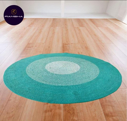 Ramsha Handmade Natural Jute And Cotton Round  Braided Kitchen Rug Mat, 150cm, Br-002, Turquoise/White