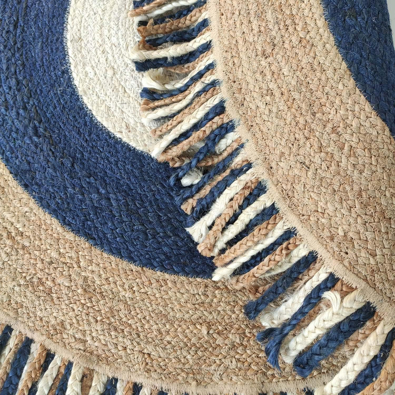 Ramsha Handmade Handwoven Round Braided Jute Kitchen Area Rug Mat with Fringes, 120cm, Br-001, Blue/Natural Blue