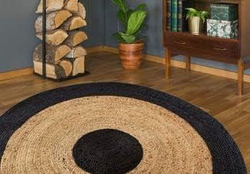 Ramsha Handmade Handwoven Natural Jute Round Braided Kitchen Rug Mat with Black Border, 90cm, Br-003, Black/Natural Black