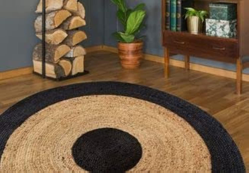 Ramsha Handmade Handwoven Natural Jute Round Braided Kitchen Rug Mat with Black Border, 120cm, Br-003, Black/Natural Black