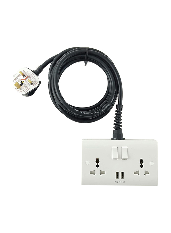 Hassan 13A Double Socket With Heavy Duty USB Charging Mobile Extension, Black/white