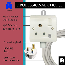 Hassan Single 15A Socket Extension for Heavy-Duty Appliance with 10 Meter Wire, White