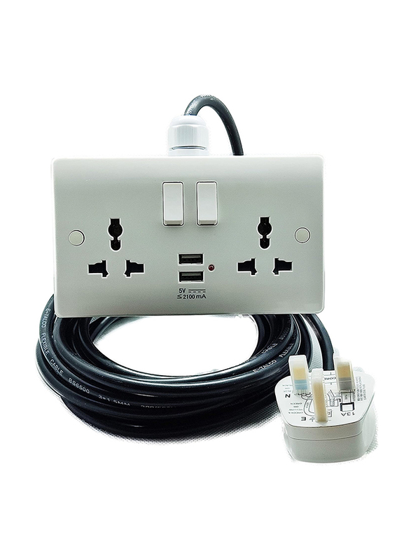 Hassan 13A Double Socket With Heavy Duty USB Charging Mobile Extension, Black/white