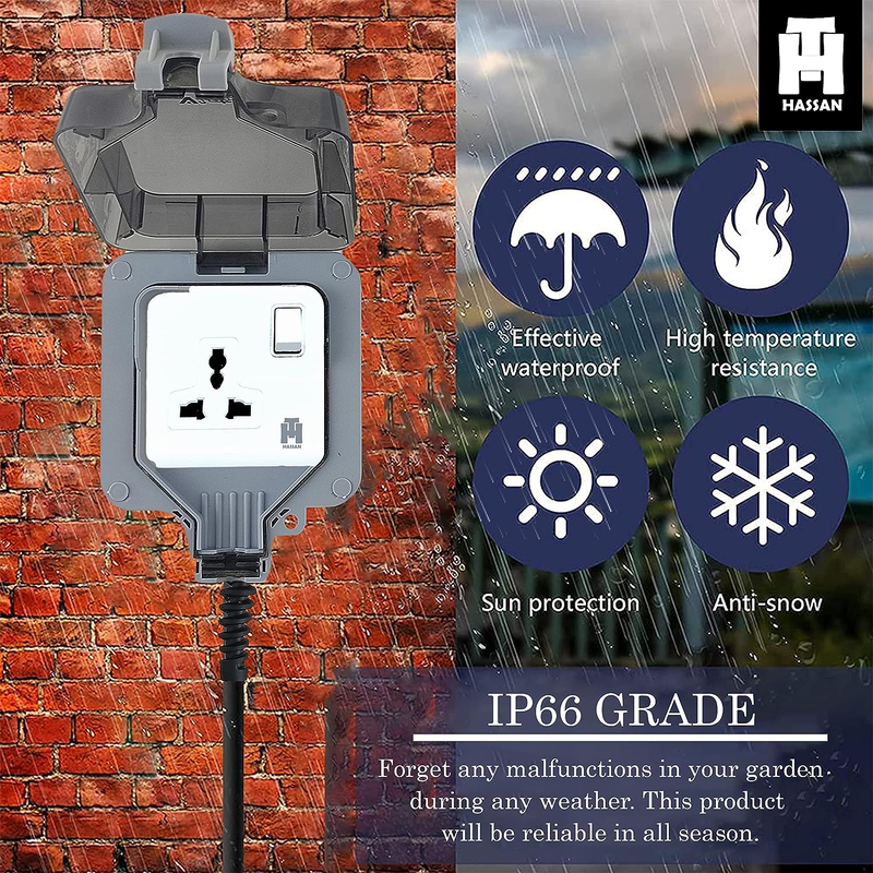 Hassan Universal IP66 Waterproof Outdoor Single Socket Extension, 13A with 3-Meter Heavy Duty Long Cord, Multicolour