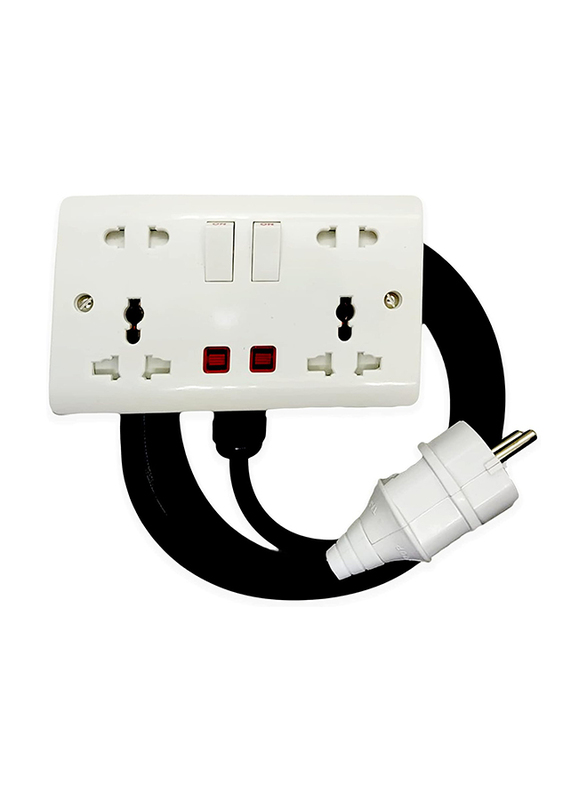 Hassan Universal Heavy Duty Plug Double Socket and 10-Meter Electrical Extension Cord for Power Generators, White/Black