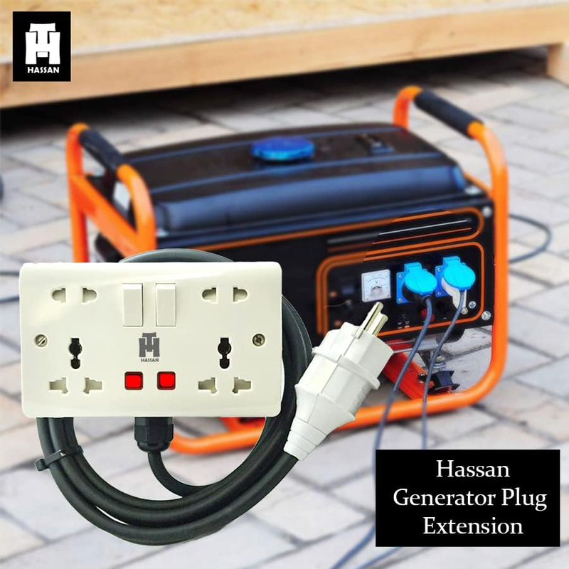 Hassan Universal Heavy Duty Plug Double Socket and 10-Meter Electrical Extension Cord for Power Generators, White/Black