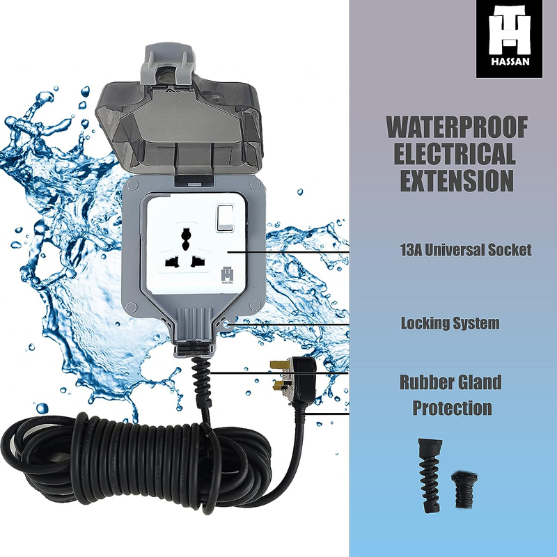 Hassan Universal IP66 Waterproof Outdoor Single Socket Extension, 13A with 10-Meter Heavy Duty Long Cord, Multicolour