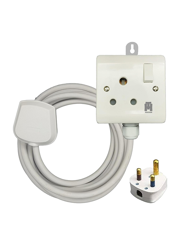Hassan Single 15A Socket Extension for Heavy-Duty Appliance with 10 Meter Wire, White