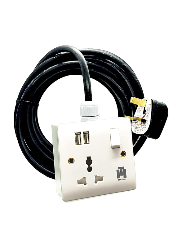 Hassan Universal Single Socket and USB Extension, 13A with 10-Meter Power Outlet Cord, Black/White