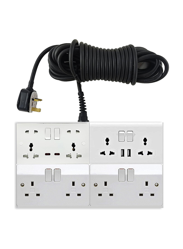 Hassan 13A Ultimate 4 Socket Extension for Heavy Equipment and Super Computer Server, Black/white