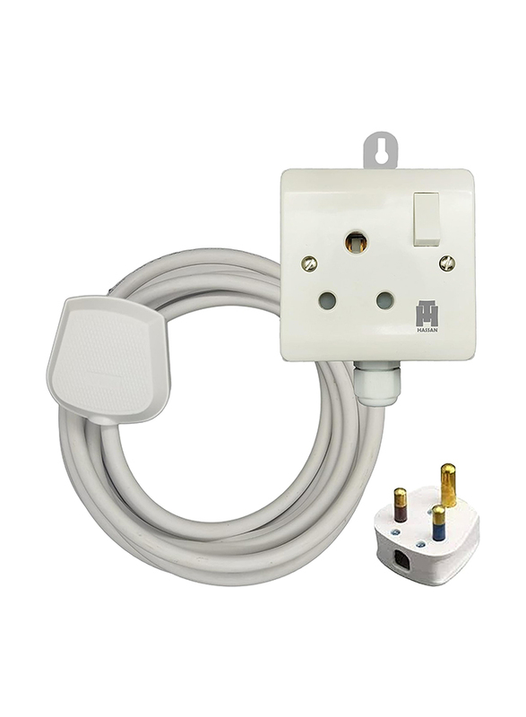 Hassan Single 15A Socket Extension for Heavy-Duty Appliance with 5 Meter Wire, White