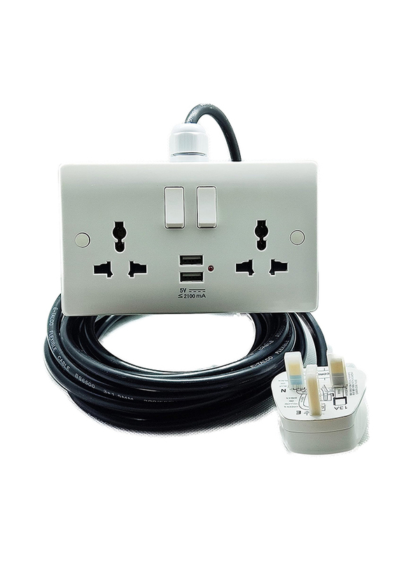 Hassan 13A Double Socket Heavy Duty USB Charging Mobile Extension, Black/white
