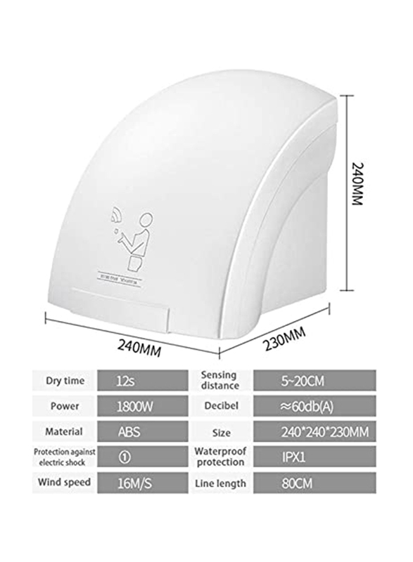 Automatic Induction Commercial Bathroom/Toilet Hand Dryer, 1800W, White