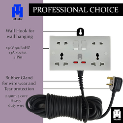 Hassan 13A Double Universal Extension Socket with Heavy Duty Power Cord, Black/White