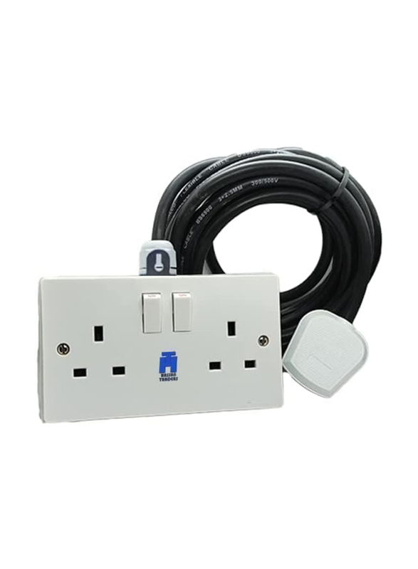 Hassan Double Socket Extension Wall Charger, 13A with 3-Meter Cord, White/Black
