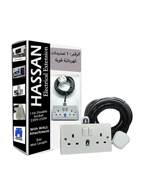 Hassan 13A Double Socket Extension with 3 Meter Wire, Black/white