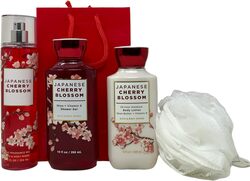 Bath & Body Works 4-Piece Japanese Cherry Blossom Set for Women, 236ml Body Lotion, 236ml Mist, 295ml Shower Gel, Sponge