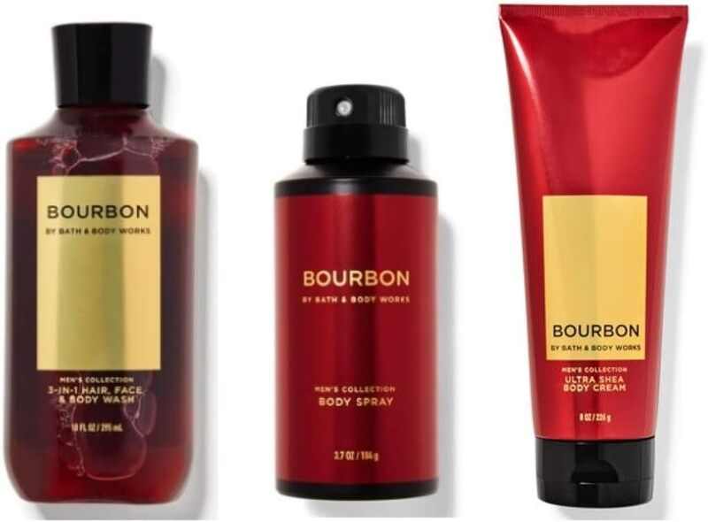 Bath & Body Works 2-in-1 Hair and Deodorizing Body Spray & Ultra Shea Body Cream Signature Collection Bourbon for Men's, 3 Pieces