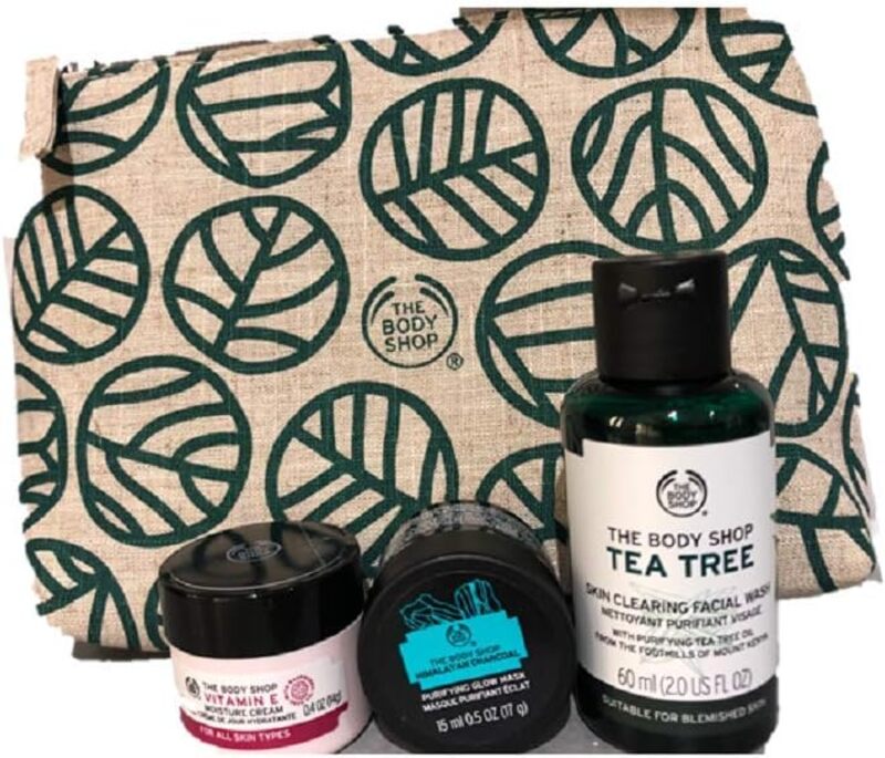 The Body Shop Vitamin E Cream Tea Tree Wash Mask Zip Bag Mini Set for Travel Gym, Set