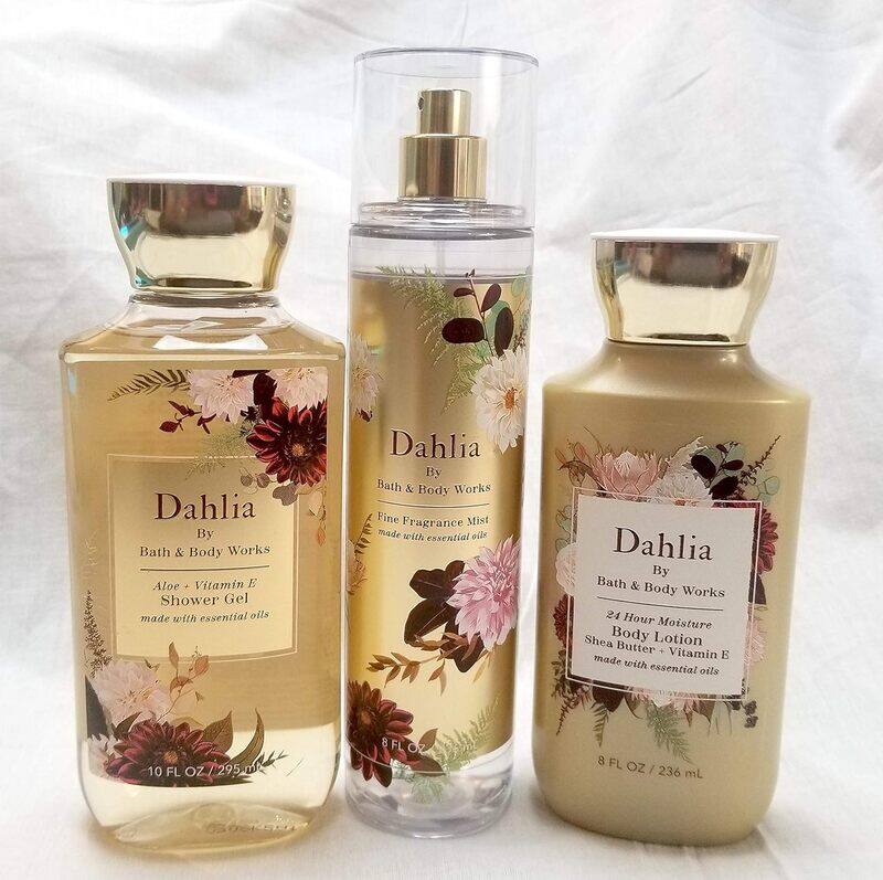 

White Barn Candle Company Bath and Body Works Care with Essential Oils New Fall 2020 Dahlia Fragrance Body Mist, Body Lotion & Shower Gel 3-Piece Set