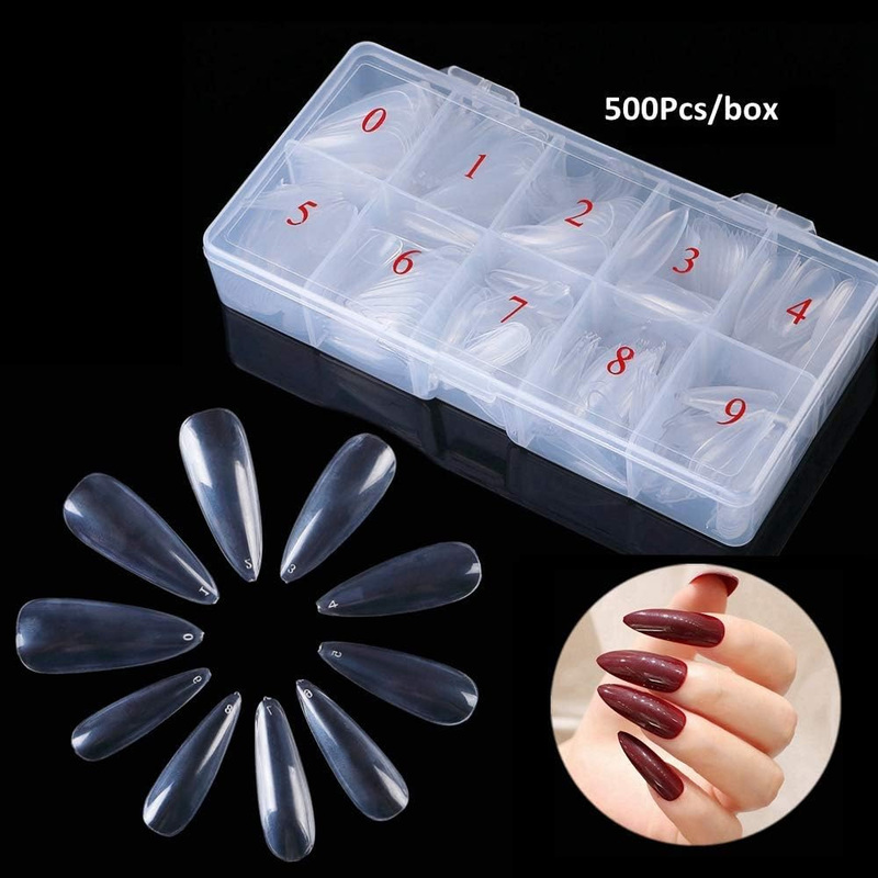 Buqikma Medium Stiletto False Nail Tips, 500 Pieces, Clear