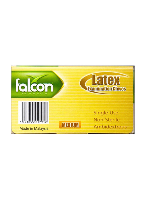 Falcon Natural Rubber Latex Examination Medium Gloves, White, 100 Pieces