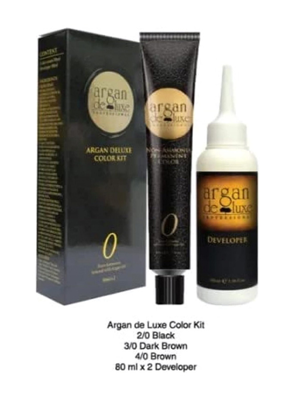 Argan De Luxe Developer Ammonia Free Permanent Hair Colour Kit, 2 x 80ml, 2.0 Black