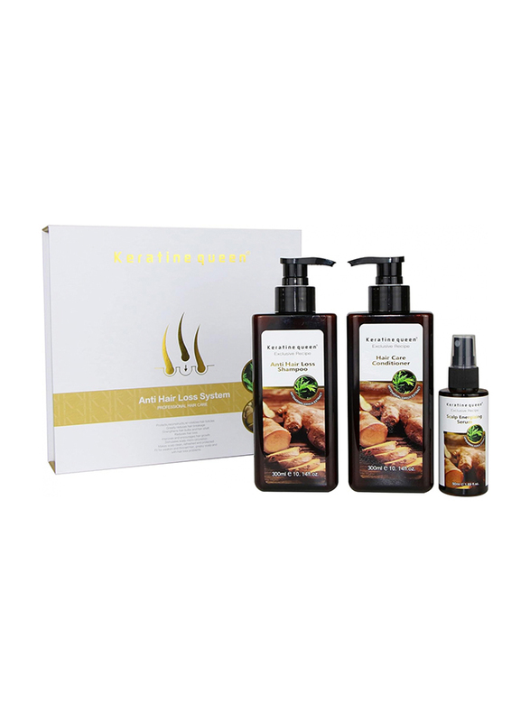 Keratine Queen Exclusive Recipes Anti Hair Loss Shampoo, Hair Care Conditioner and Scalp Energizing Serum Kit, Set