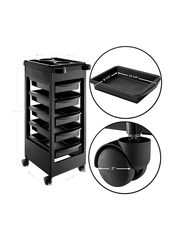 Saloniture Beauty Salon Rolling Trolley Cart with 5 Drawers, Black