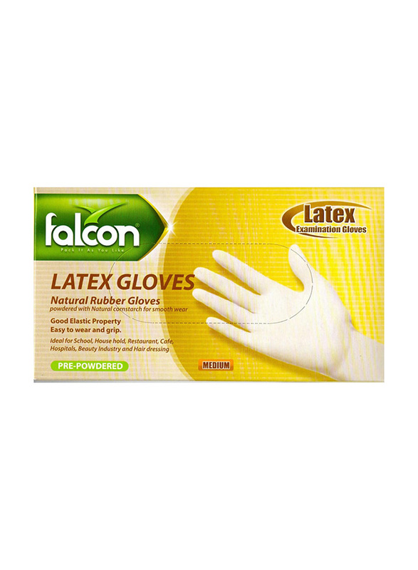 Falcon Natural Rubber Latex Examination Medium Gloves, White, 100 Pieces