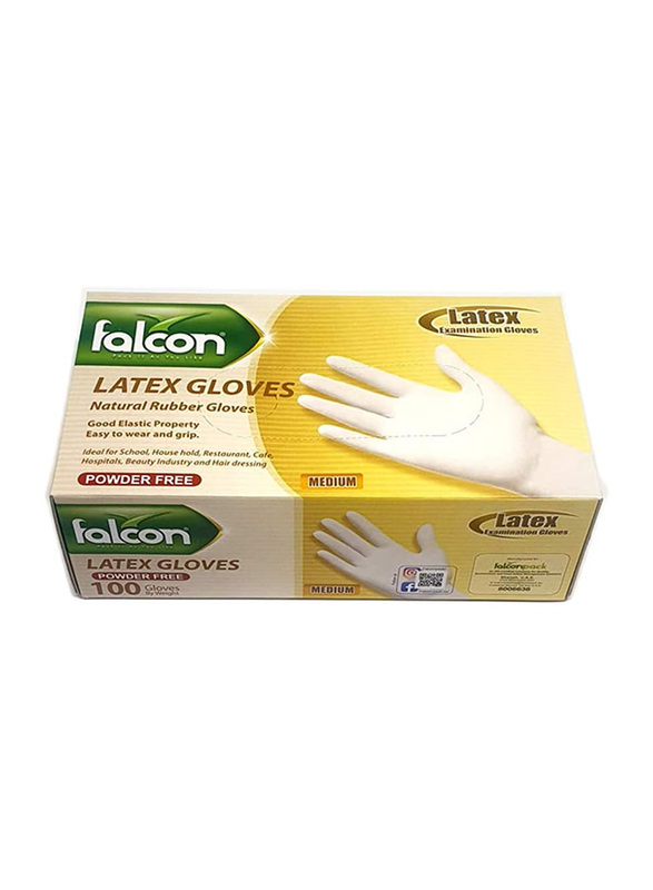 Falcon Natural Rubber Powder Free Latex Examination Medium Gloves, White, 100 Pieces