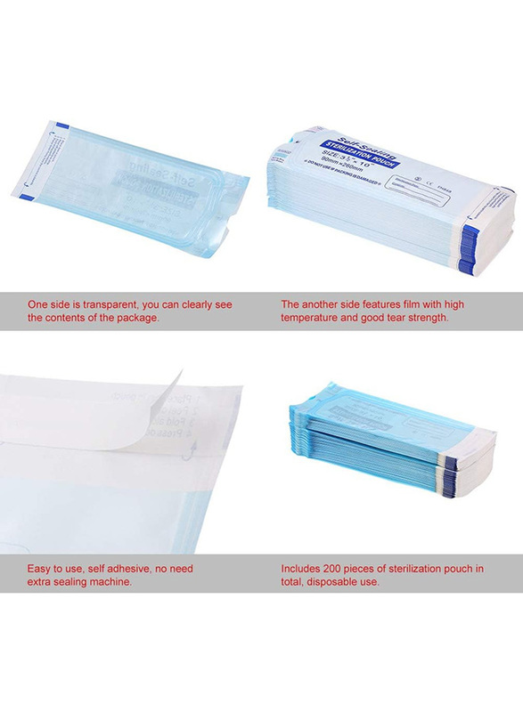 Walmeck 200-Piece 260 x 90mm Self Sealing Sterilization Pouch Medical Grade Paper Disposable Bag, White Blue