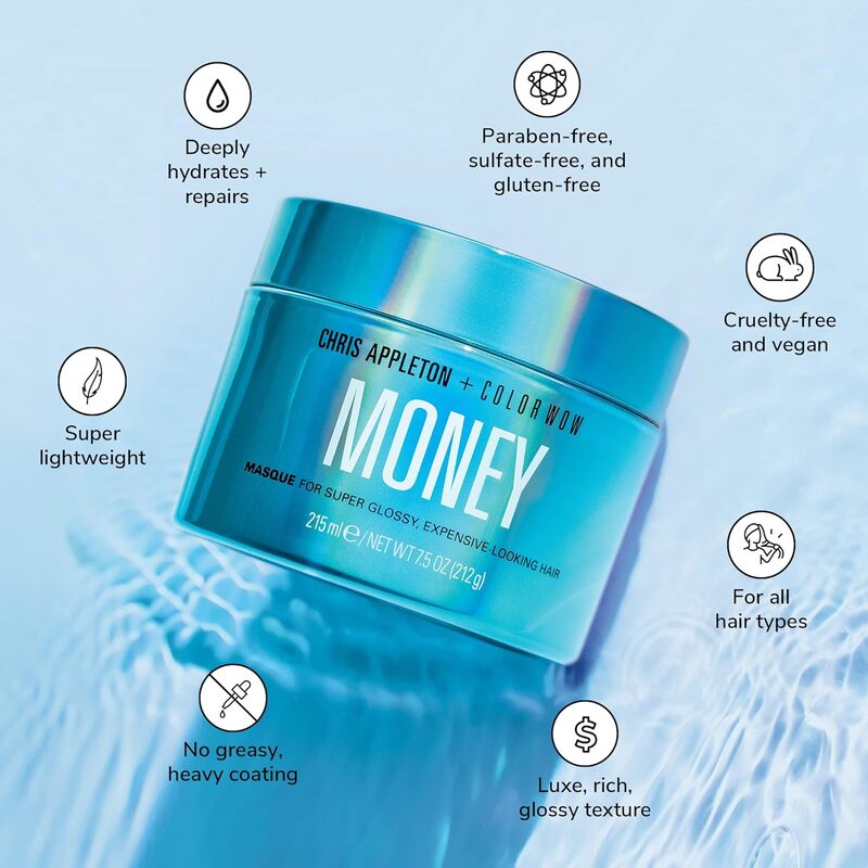 Color Wow Money Masque Deep hydrating conditioning treatment created with celebrity stylist Chris Appleton; Hydrates, repairs, silkens all hair types, color-treated, dry, damaged, curly, fine; Vegan