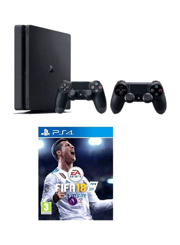 Sony PlayStation PS4 Slim Console, 500GB, With 2 Dualshock 4 Controller and 1 Game (FIFA 18), Black